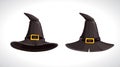 Cartoon witch black hats with golden buckle, above and bottom view. Wizard hat icons. Royalty Free Stock Photo