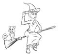 Cartoon Witch and Cat Flying on her Broomstick