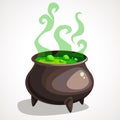 Cartoon witch cauldron with magic green potion and steam