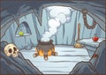 Cartoon witch cave background with cauldron and potions