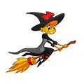 Cartoon witch flying on her broom. Vector clip art illustration. Royalty Free Stock Photo