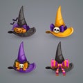 Cartoon witch hat, colorful icons set. Halloween costume element.