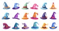 Cartoon Witch Hat Styles. Icons Set, Depicting Hats of Different Colors, Shapes, and Patterns on White Background for Royalty Free Stock Photo