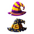 Cartoon witch hat vector icon, magician headwear with black and yellow stripes. Royalty Free Stock Photo