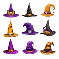 Cartoon witch hats, colorful icons set. Wizard hat collection. Halloween costume element.