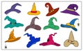 Cartoon witch, magician and wizard hats or caps. Halloween vector colorful hats. Fantasy character costume elements with Royalty Free Stock Photo