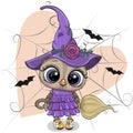 Cartoon witch Owl in purple dress and hat