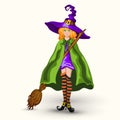 Cartoon witch in purple hat with broom isolated on white Royalty Free Stock Photo