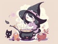 A cartoon witch stirring up a pot of soup. Generative AI image.