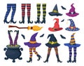 Cartoon witch stockings legs and hats, funny Halloween party elements. Magician wizard headwear and witch stockings legs vector Royalty Free Stock Photo