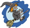 Cartoon witch using navigator while riding with her broomstick at night time vector illustration