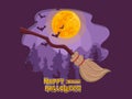 Cartoon witche broom and full moon night background. Concept cartoon Halloween day elements. Vector clipart illustration for