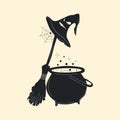 Cartoon witches cauldron with potion next to a broom and a sorcerer\'s hat.