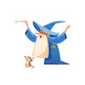 Cartoon wizard character. Old witch man in wizards robe, magician warlock and magic medieval sorcerer merlin, male