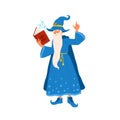 Cartoon wizard hold book reading magic spell vector flat illustration. Funny old mystery wizard making enchantment