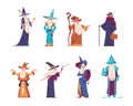 Cartoon wizard. Magician old characters with beard wear long robes and pointed hats. Senior sorcerers cast magical