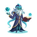 Cartoon Wizard Reading Spell Book, Casting Magic with Glowing Orbs Illustration Royalty Free Stock Photo