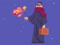 Cartoon wizard. Senior sorcerer. Merlin with staff and suitcase. Magician traveling. Magical fire spell. Fairytale Royalty Free Stock Photo