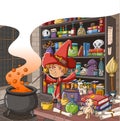 Cartoon wizard working on magic potion in boiling cauldron.