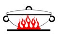 Cartoon wok pan with a lid on a red gas stove. image of a kitchen wok on fire. Illustration