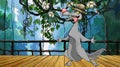 Cartoon wolf in a hat walks along a wooden bridge in the jungle Royalty Free Stock Photo