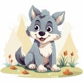 Cartoon wolf sitting in the grass with his paws crossed and looking at the camera