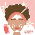 cartoon woman apply skin care products, beauty routine