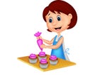 Cartoon woman with apron decorating cupcakes