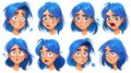 Cartoon woman avatar with emoji face expressions, happy, sad, angry, surprised, despise, sad, crying, and shocked Royalty Free Stock Photo