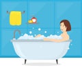 Cartoon Woman in Bathroom Bathtub Card Poster. Vector