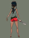 Cartoon woman with a machete in hand. The view from the back