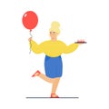 Cartoon woman with birthday balloon and cupcake tray dancing