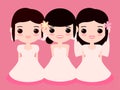 Three different dressed up cartoon brides are smiling