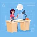 Cartoon Woman Builder Sitting At Desk Working On Blueprint Building Plan Architect Engineer Royalty Free Stock Photo