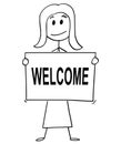 Cartoon of Woman or Businesswoman Holding Sign With Welcome Text