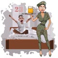 Cartoon woman in camouflage uniform congratulates a man on February 23