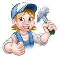 Cartoon Woman Carpenter Holding Hammer