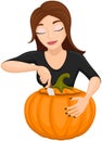 Cartoon Woman Carving Halloween Pumpkin