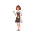 Cartoon woman character holding rag and spray bottle with cleaning liquid. Hotel maid service. Domestic worker. Girl in