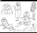 Cartoon woman comic characters set coloring book page Royalty Free Stock Photo