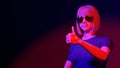 Woman with sunglasse thumb up positive approval congratulations yes cool attitude success cartoon red and blue light 3D