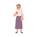 Cartoon woman with cup of coffee and bag walking