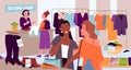 Cartoon woman customer buying clothes and shoes from counters of used goods store background. People shopping in flea Royalty Free Stock Photo