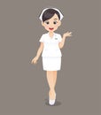 Cartoon woman doctor or nurse in white uniform on brown background, Smiling female nursing staff