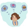 cartoon woman doing contemplating food choices what she will eat