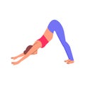 Cartoon woman in downward facing dog yoga pose - stretching fitness exercise.