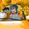 Cartoon woman driving a car in lipstick