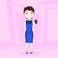 Cartoon Woman In Elegant Dress Show Empty Screen Of Cell Smart Phone Over Abstract Pink Background Royalty Free Stock Photo