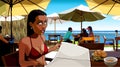 Cartoon woman flipping through the menu at beach cafe on the seafront