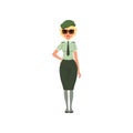 Cartoon woman in formal military dress: green shirt, tie, skirt, beret and sunglasses. Young girl in army officer Royalty Free Stock Photo